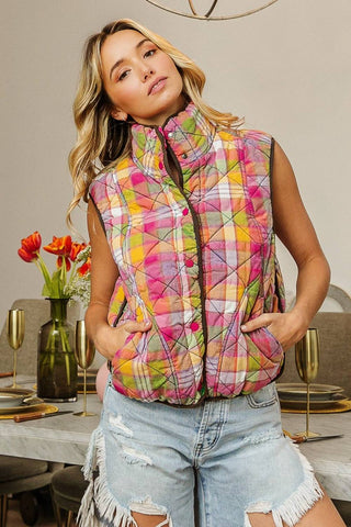 BiBi Quilted Washed Plaid Snap Down Vest - 1985 the VAULT Boutique