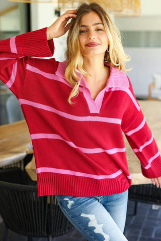 Haptics Collared Neck Striped Contrast Sweater - 1985 the VAULT Boutique