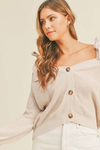 MABLE Off Shoulder Self Tie Strap Button Down Sweater - 1985 the VAULT Boutique