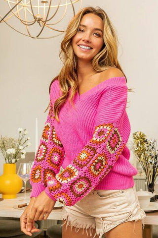 BiBi V-Neck Crochet Long Sleeve Sweater - 1985 the VAULT Boutique