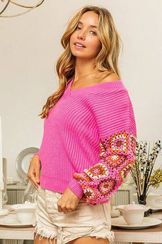 BiBi V-Neck Crochet Long Sleeve Sweater - 1985 the VAULT Boutique