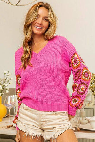 BiBi V-Neck Crochet Long Sleeve Sweater - 1985 the VAULT Boutique