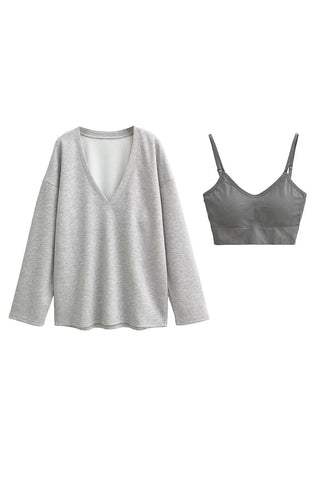 Basic Bae V-Neck Dropped Shoulder Long Sleeve Sweatshirt with Bra - 1985 the VAULT Boutique