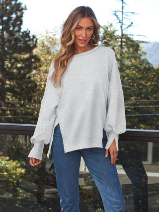 Slit Round Neck Long Sleeve Sweatshirt - 1985 the VAULT Boutique