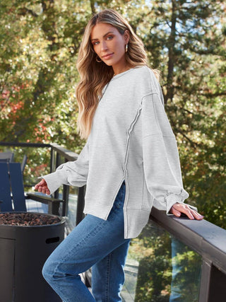 Slit Round Neck Long Sleeve Sweatshirt - 1985 the VAULT Boutique