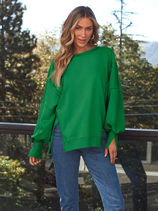 Slit Round Neck Long Sleeve Sweatshirt - 1985 the VAULT Boutique