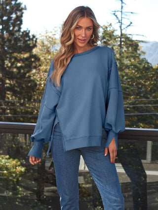 Slit Round Neck Long Sleeve Sweatshirt - 1985 the VAULT Boutique