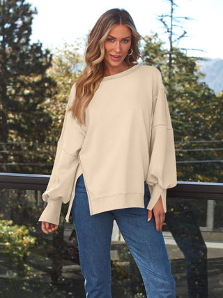 Slit Round Neck Long Sleeve Sweatshirt - 1985 the VAULT Boutique