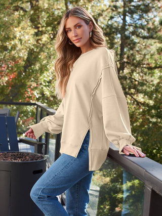 Slit Round Neck Long Sleeve Sweatshirt - 1985 the VAULT Boutique