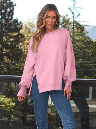 Slit Round Neck Long Sleeve Sweatshirt - 1985 the VAULT Boutique