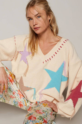 POL V-Neck Long Sleeve Star Fringe Sweater - 1985 the VAULT Boutique