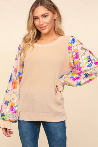 Haptics Floral Sequins Mesh Flounce Sleeve Sweater - 1985 the VAULT Boutique