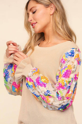 Haptics Floral Sequins Mesh Flounce Sleeve Sweater - 1985 the VAULT Boutique