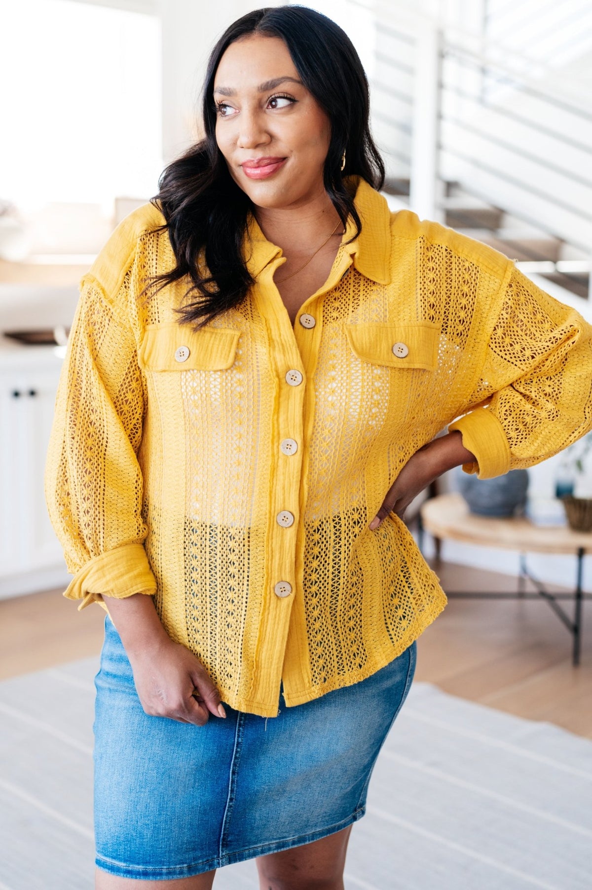 Sweeter Than Nectar Lace Button Down in Honey - Happily Ever Atchison Shop Co.