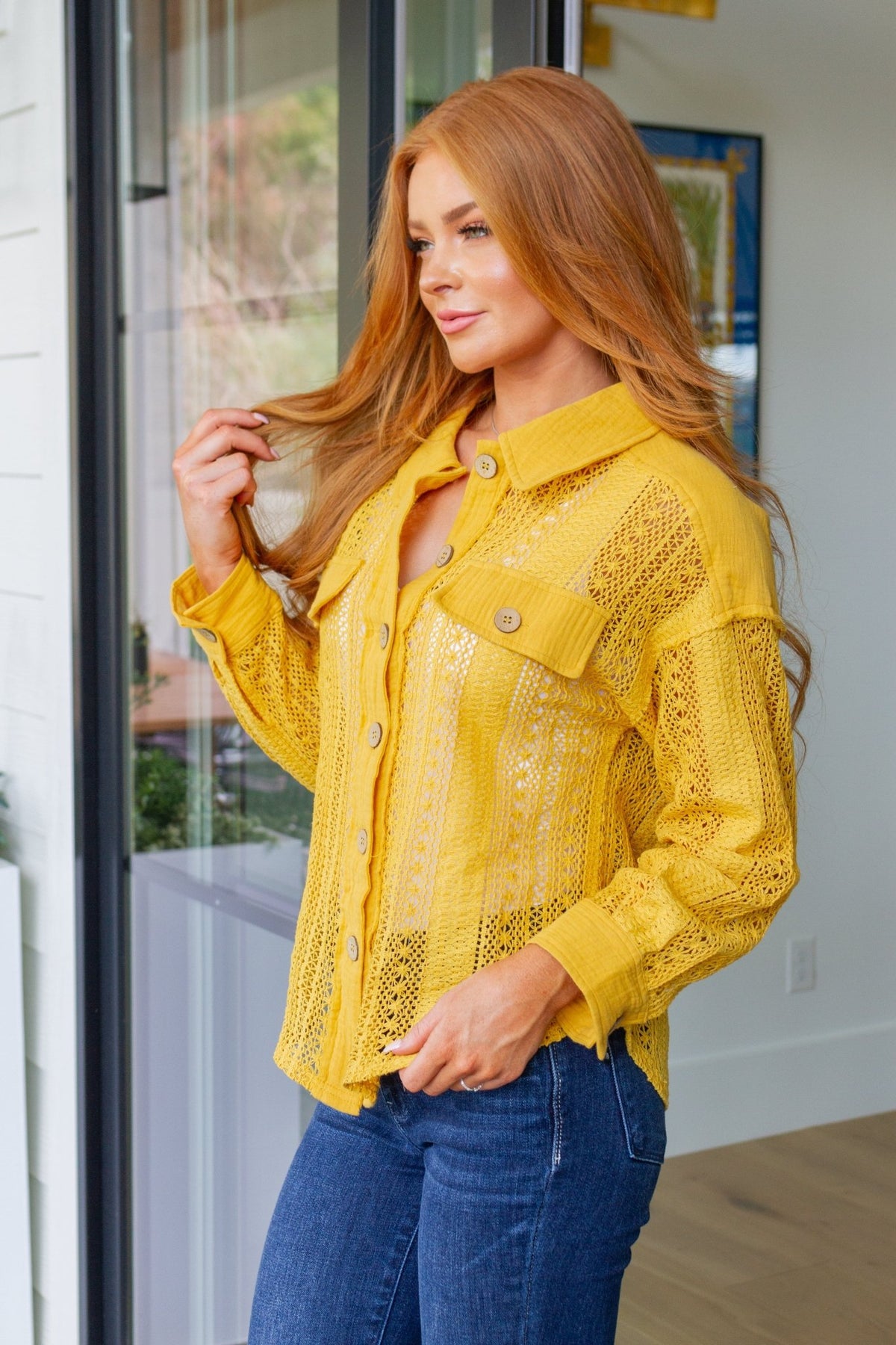 Sweeter Than Nectar Lace Button Down in Honey - Happily Ever Atchison Shop Co.