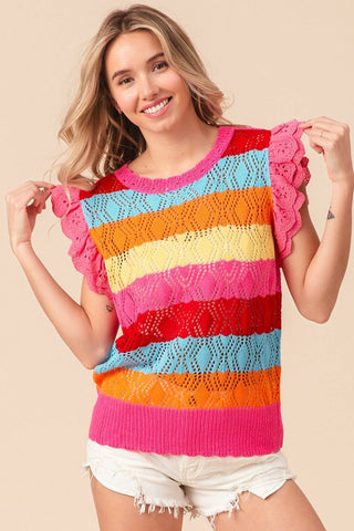 BiBi Pointelle Striped Ruffled Knit Top - 1985 the VAULT Boutique