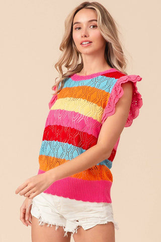 BiBi Pointelle Striped Ruffled Knit Top - 1985 the VAULT Boutique