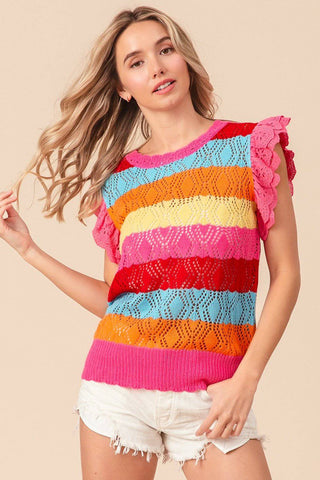 BiBi Pointelle Striped Ruffled Knit Top - 1985 the VAULT Boutique