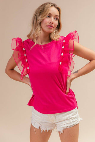 BiBi Pearl Decor Mesh Ruffle Sleeve Top - 1985 the VAULT Boutique