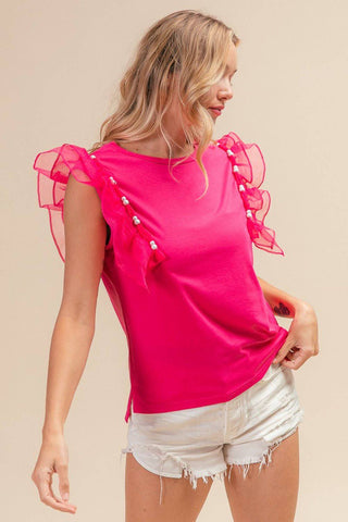 BiBi Pearl Decor Mesh Ruffle Sleeve Top - 1985 the VAULT Boutique