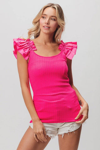 BiBi Ruffled Shoulder Strap Rib Texture Top - 1985 the VAULT Boutique