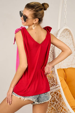 BiBi Shoulder Ribbon Tied Contrast Tank - 1985 the VAULT Boutique