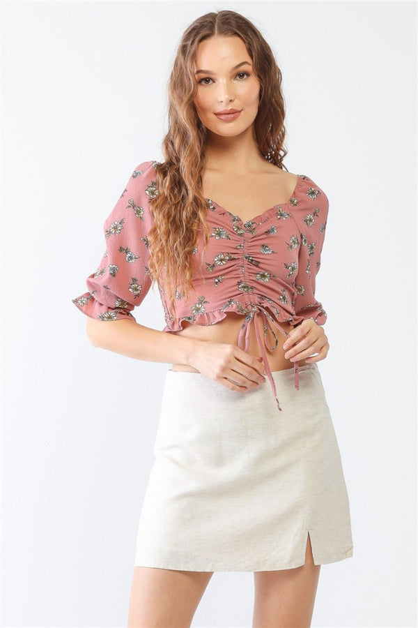 Tasha Apparel Floral Ruffle Smocked Back Ruched Crop Top - Happily Ever Atchison Shop Co.