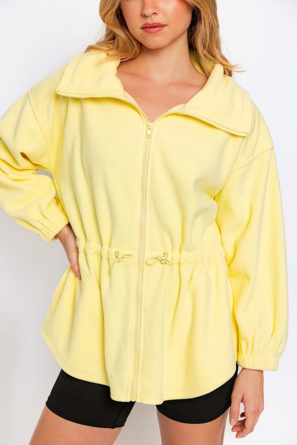 Tasha Apparel Zip Up Waist Drawstring Soft Fleece Jacket - Happily Ever Atchison Shop Co.