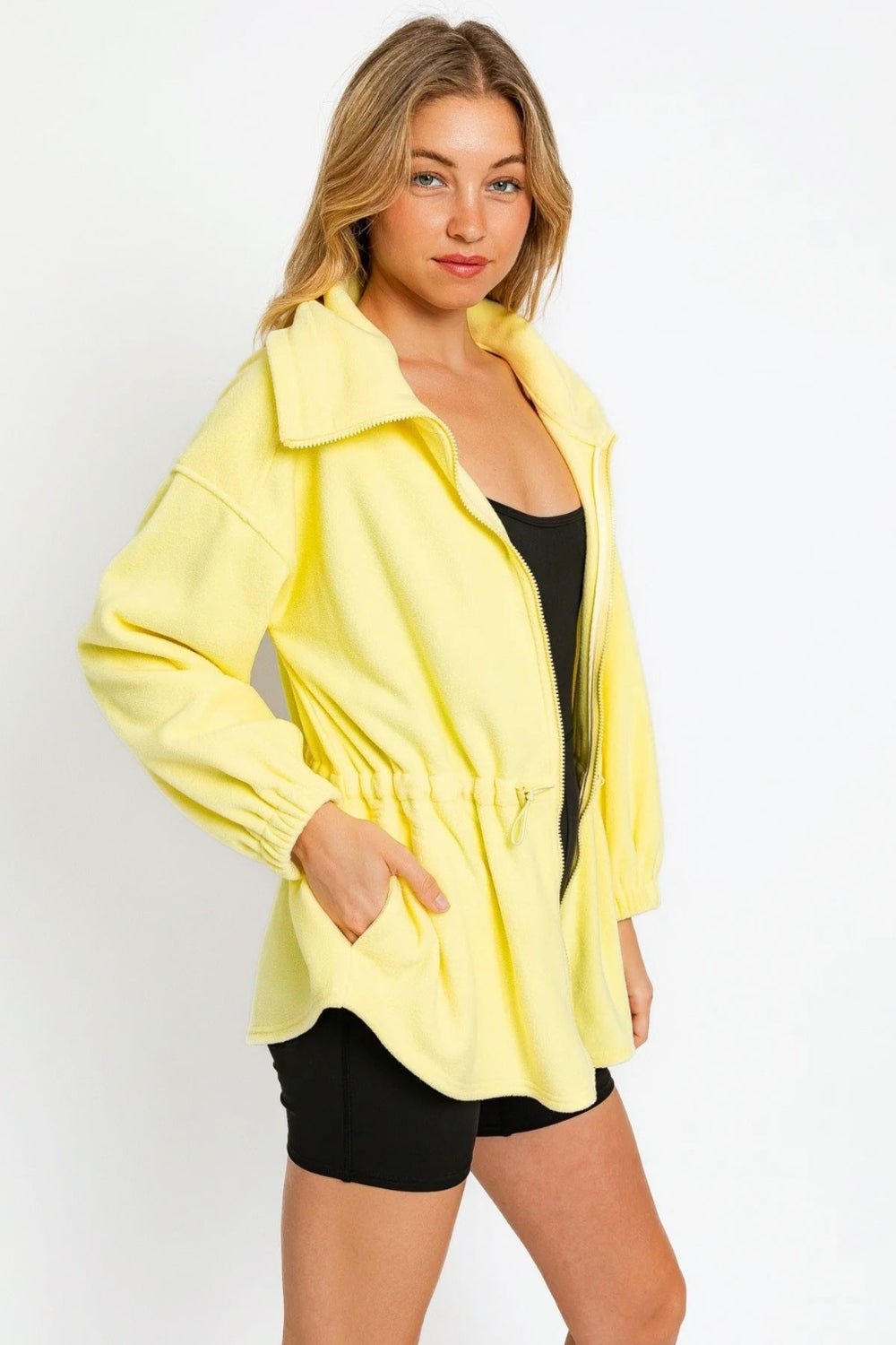 Tasha Apparel Zip Up Waist Drawstring Soft Fleece Jacket - Happily Ever Atchison Shop Co.