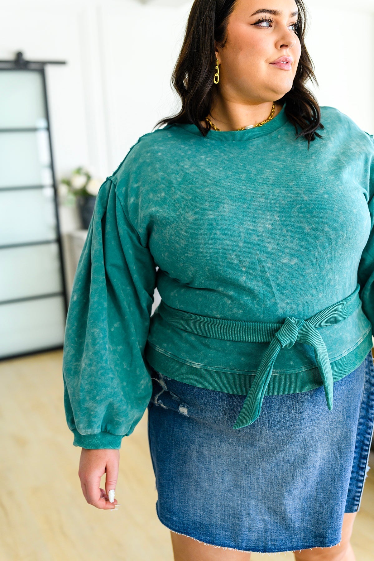 Tied Up In Cuteness Mineral Wash Sweater in Teal - Happily Ever Atchison Shop Co.