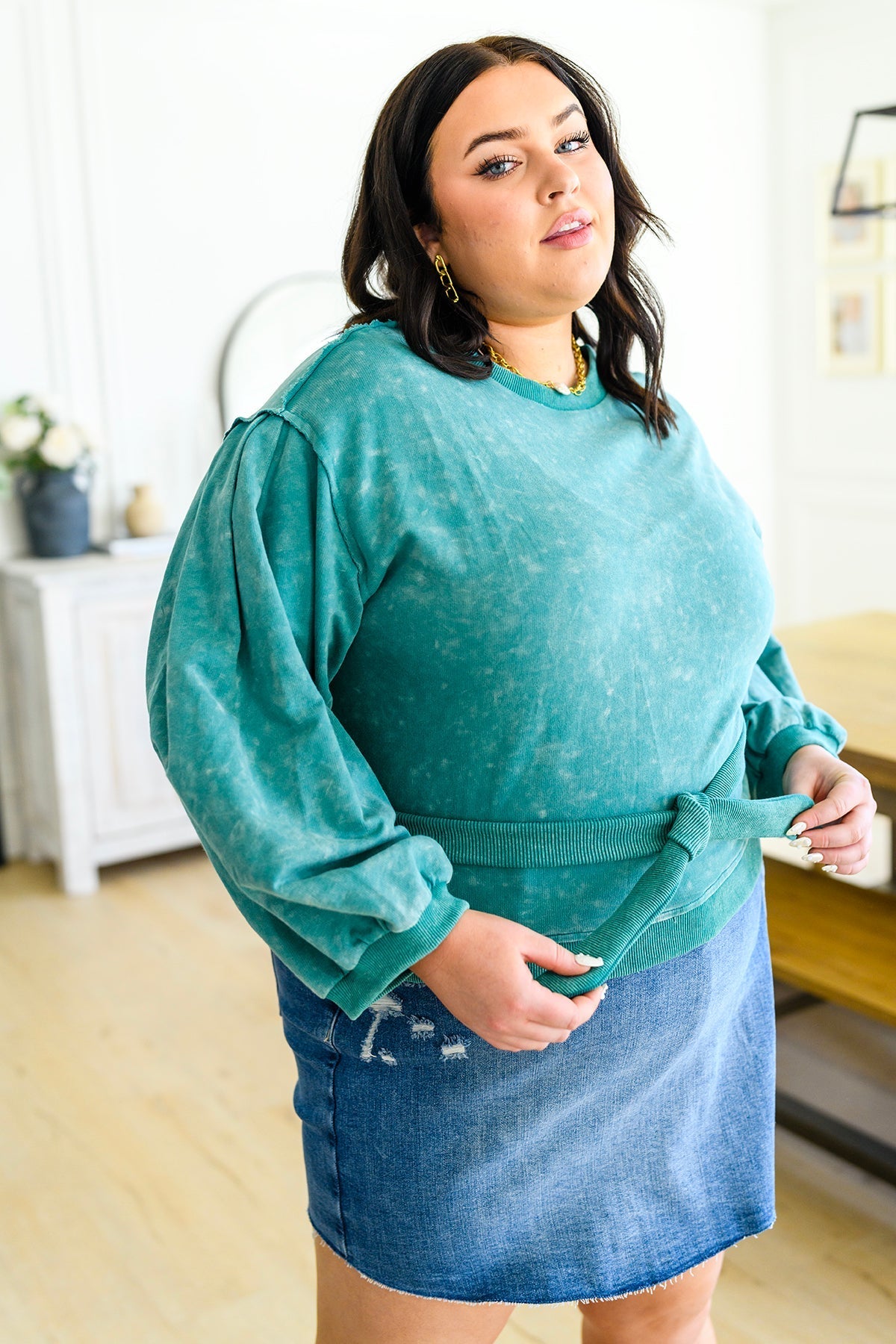 Tied Up In Cuteness Mineral Wash Sweater in Teal - Happily Ever Atchison Shop Co.