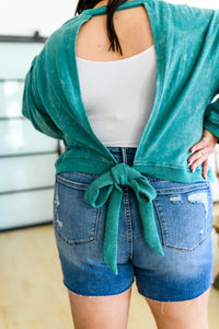 Tied Up In Cuteness Mineral Wash Sweater in Teal - Happily Ever Atchison Shop Co.