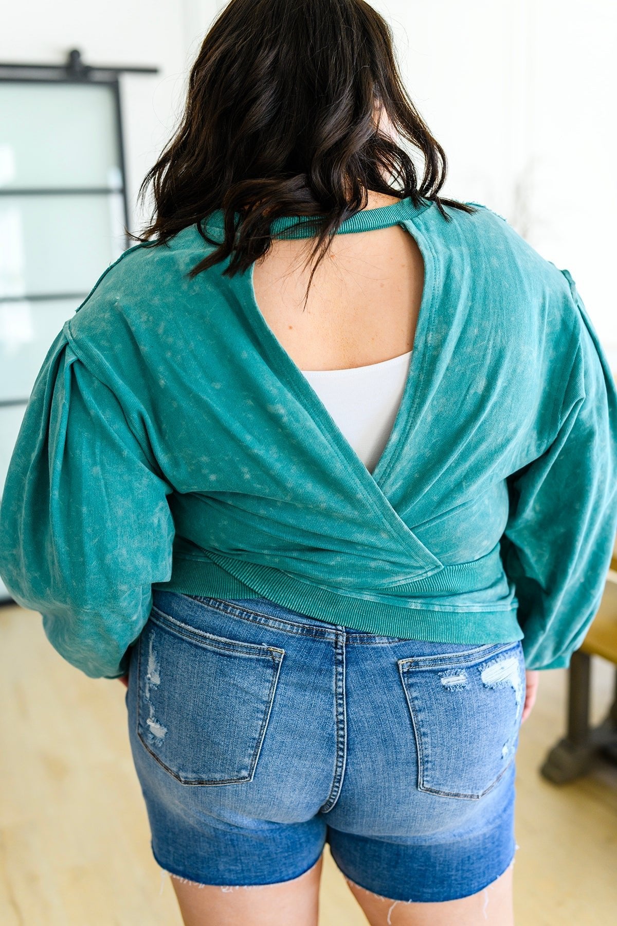 Tied Up In Cuteness Mineral Wash Sweater in Teal - Happily Ever Atchison Shop Co.