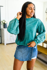 Tied Up In Cuteness Mineral Wash Sweater in Teal - Happily Ever Atchison Shop Co.