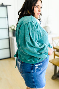 Tied Up In Cuteness Mineral Wash Sweater in Teal - Happily Ever Atchison Shop Co.