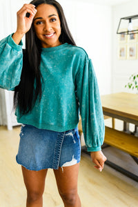 Tied Up In Cuteness Mineral Wash Sweater in Teal - Happily Ever Atchison Shop Co.