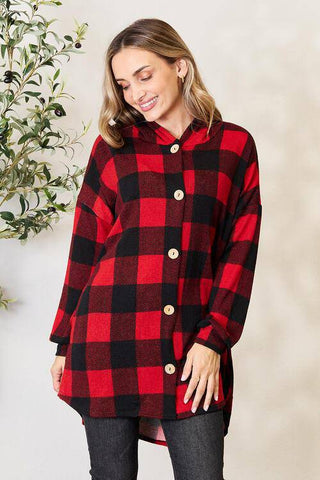 Heimish Full Size Plaid Button Front Hooded Shirt - 1985 the VAULT Boutique