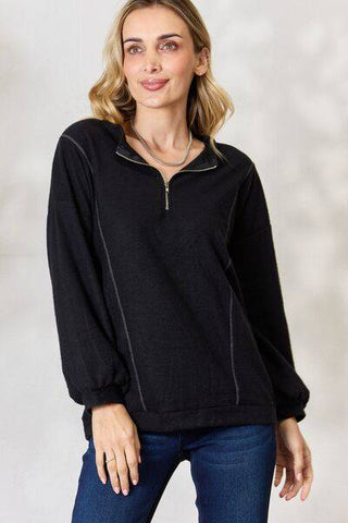 BiBi Half Zip Brushed Terry Long Sleeve Top - 1985 the VAULT Boutique