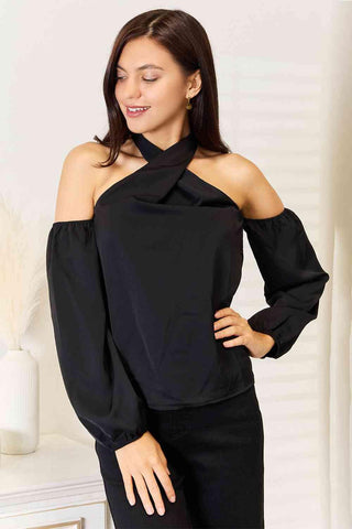 Double Take Grecian Cold Shoulder Long Sleeve Blouse - 1985 the VAULT Boutique