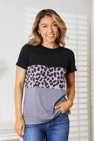 Double Take Leopard Print Color Block Short Sleeve T-Shirt - 1985 the VAULT Boutique