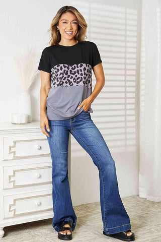 Double Take Leopard Print Color Block Short Sleeve T-Shirt - 1985 the VAULT Boutique