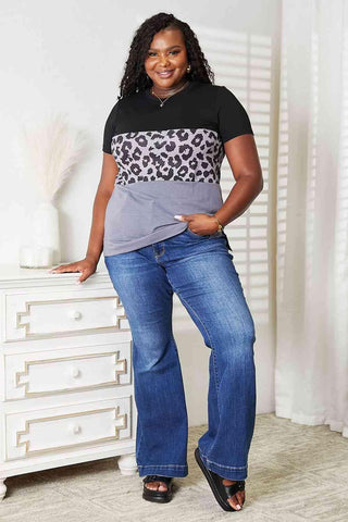 Double Take Leopard Print Color Block Short Sleeve T-Shirt - 1985 the VAULT Boutique