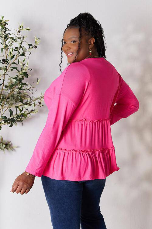 Double Take Half Button Long Sleeve Ruffle Hem Blouse - 1985 the VAULT Boutique