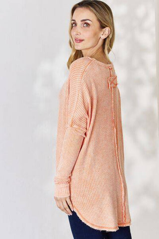 Zenana Oversized Washed Waffle Long Sleeve Top - 1985 the VAULT Boutique