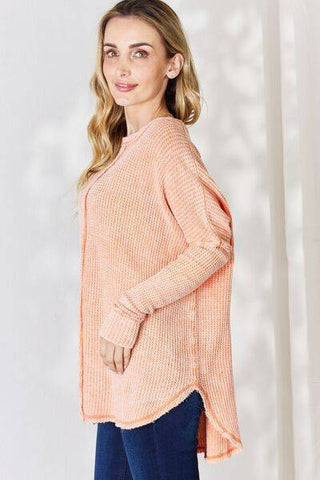 Zenana Oversized Washed Waffle Long Sleeve Top - 1985 the VAULT Boutique