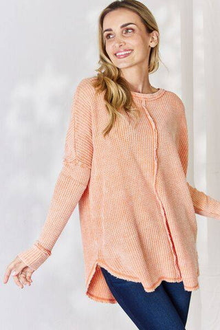 Zenana Oversized Washed Waffle Long Sleeve Top - 1985 the VAULT Boutique