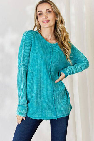 Zenana Oversized Washed Waffle Long Sleeve Top - 1985 the VAULT Boutique