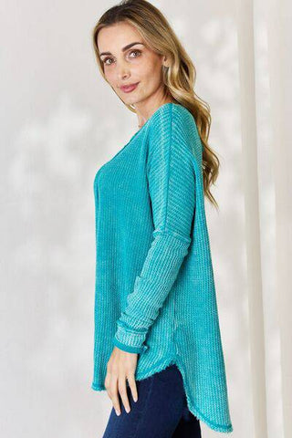 Zenana Oversized Washed Waffle Long Sleeve Top - 1985 the VAULT Boutique