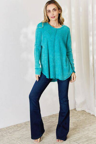 Zenana Oversized Washed Waffle Long Sleeve Top - 1985 the VAULT Boutique