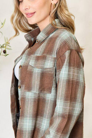 Double Take Plaid Dropped Shoulder Shirt - 1985 the VAULT Boutique